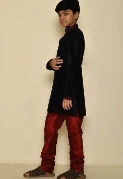 Embroidered Neckline Dupion Silk Kurta Set in Black