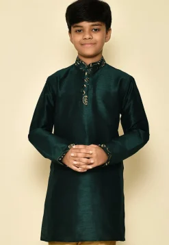 Embroidered Neckline Dupion Silk Kurta in Dark Green