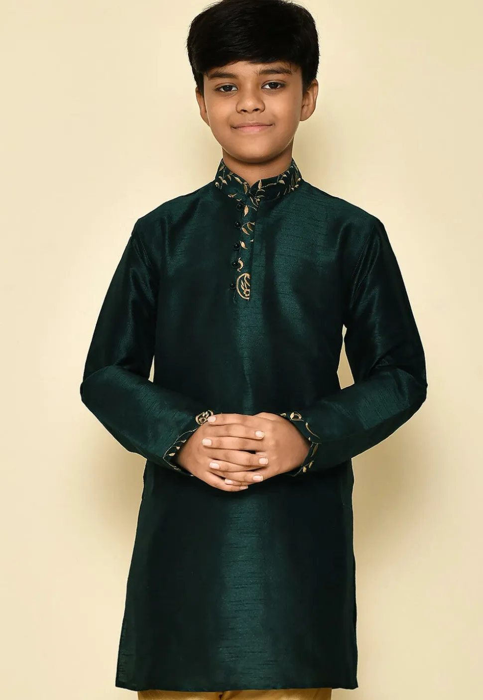 Embroidered Neckline Dupion Silk Kurta in Dark Green