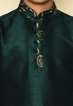 Embroidered Neckline Dupion Silk Kurta in Dark Green