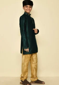 Embroidered Neckline Dupion Silk Kurta in Dark Green