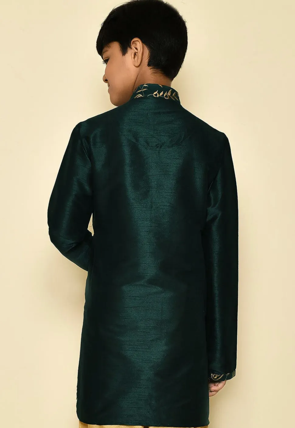 Embroidered Neckline Dupion Silk Kurta in Dark Green