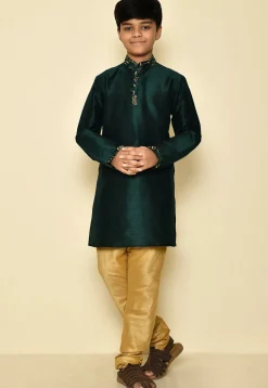 Embroidered Neckline Dupion Silk Kurta in Dark Green