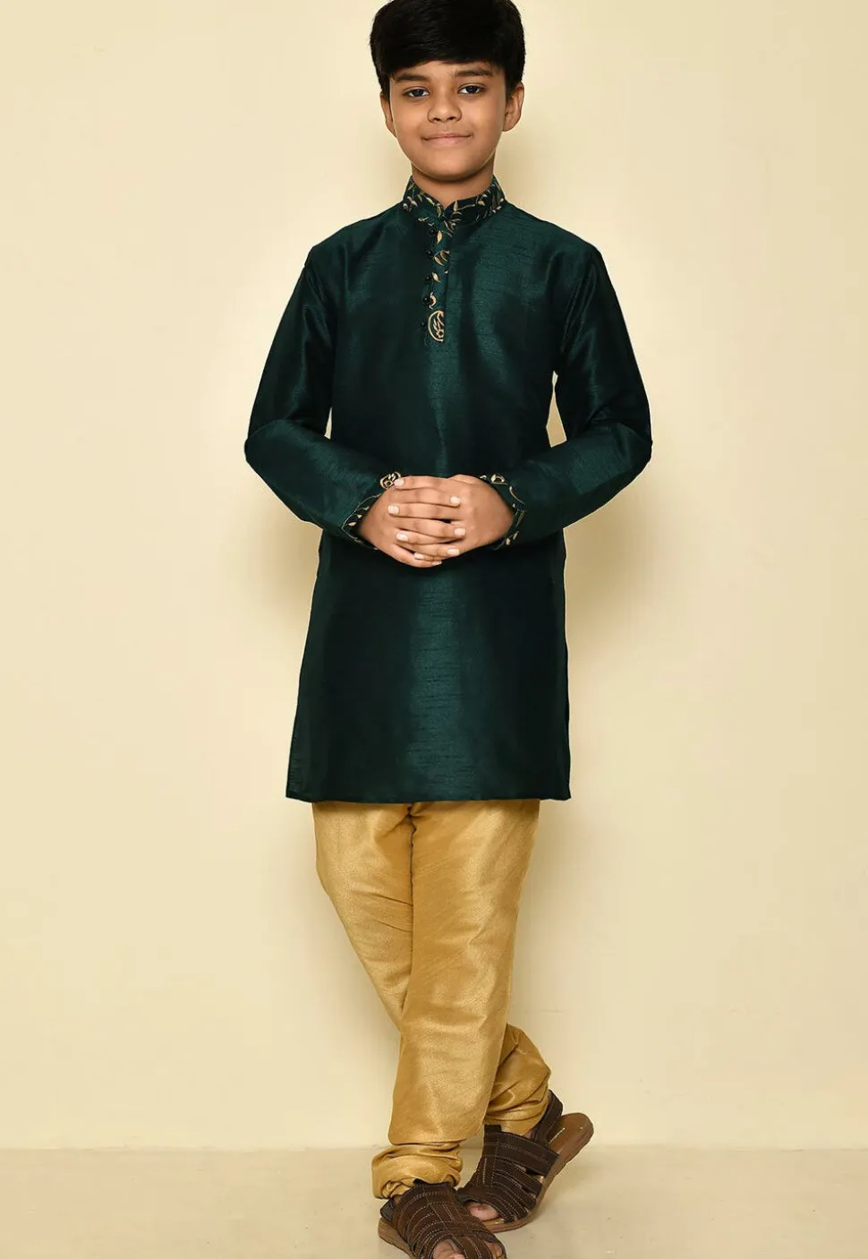 Embroidered Neckline Dupion Silk Kurta in Dark Green