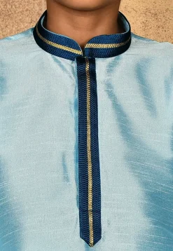 Embroidered Neckline Dupion Silk Kurta Set in Light Blue