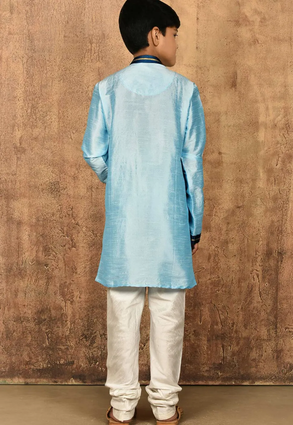 Embroidered Neckline Dupion Silk Kurta Set in Light Blue