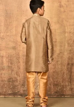Embroidered Neckline Dupion Silk Kurta Set in Dark Beige