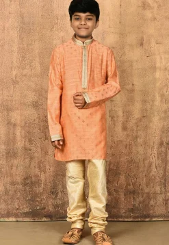 Embroidered Neckline Dupion Silk Kurta Set in Peach