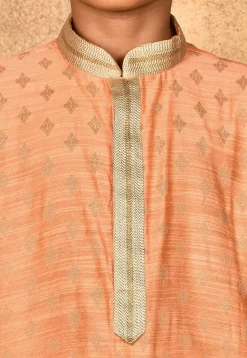 Embroidered Neckline Dupion Silk Kurta Set in Peach