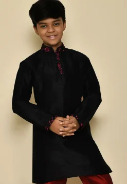 Embroidered Neckline Dupion Silk Kurta in Black