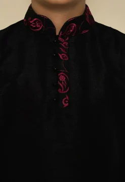 Embroidered Neckline Dupion Silk Kurta in Black