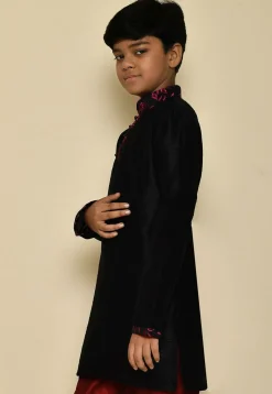 Embroidered Neckline Dupion Silk Kurta in Black