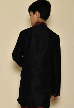 Embroidered Neckline Dupion Silk Kurta in Black