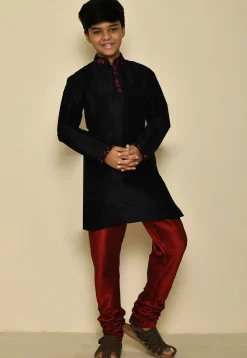 Embroidered Neckline Dupion Silk Kurta in Black