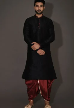 Embroidered Neckline Dupion Silk Dhoti Kurta in Black