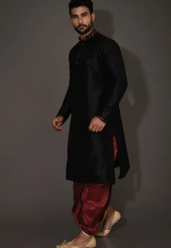 Embroidered Neckline Dupion Silk Dhoti Kurta in Black