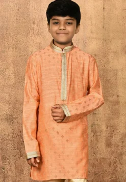 Embroidered Neckline Dupion Silk Kurta in Peach
