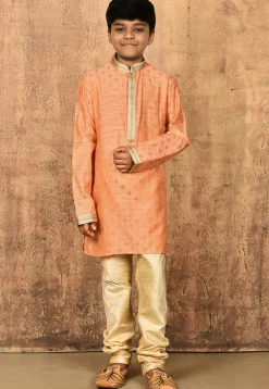 Embroidered Neckline Dupion Silk Kurta in Peach