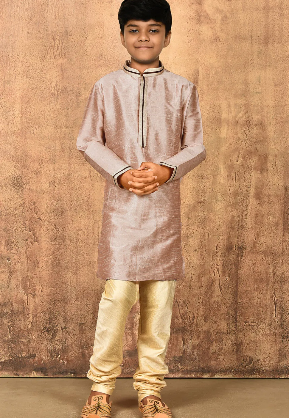 Embroidered Neckline Dupion Silk Kurta Set in Pastel Brown