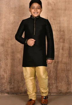 Embroidered Neckline Dupion Silk Kurta Set in Black