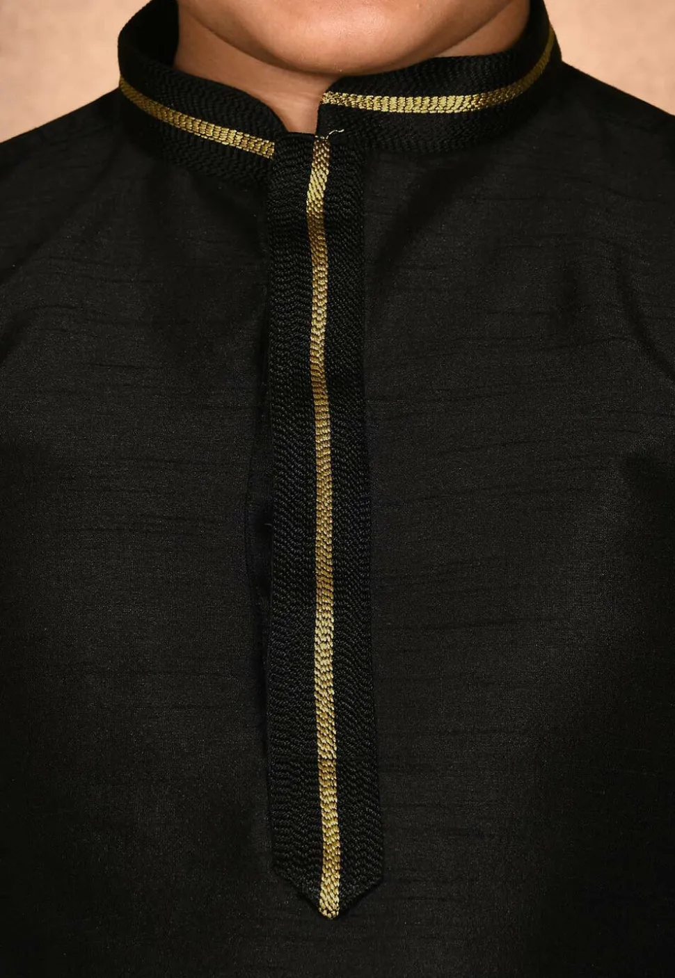 Embroidered Neckline Dupion Silk Kurta Set in Black