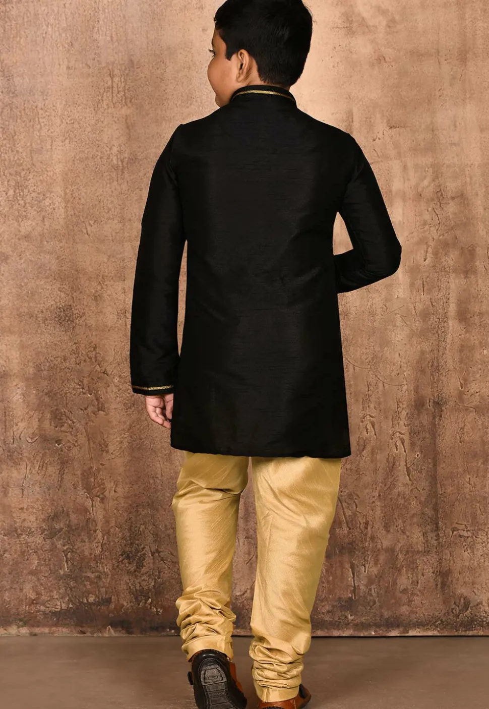 Embroidered Neckline Dupion Silk Kurta Set in Black