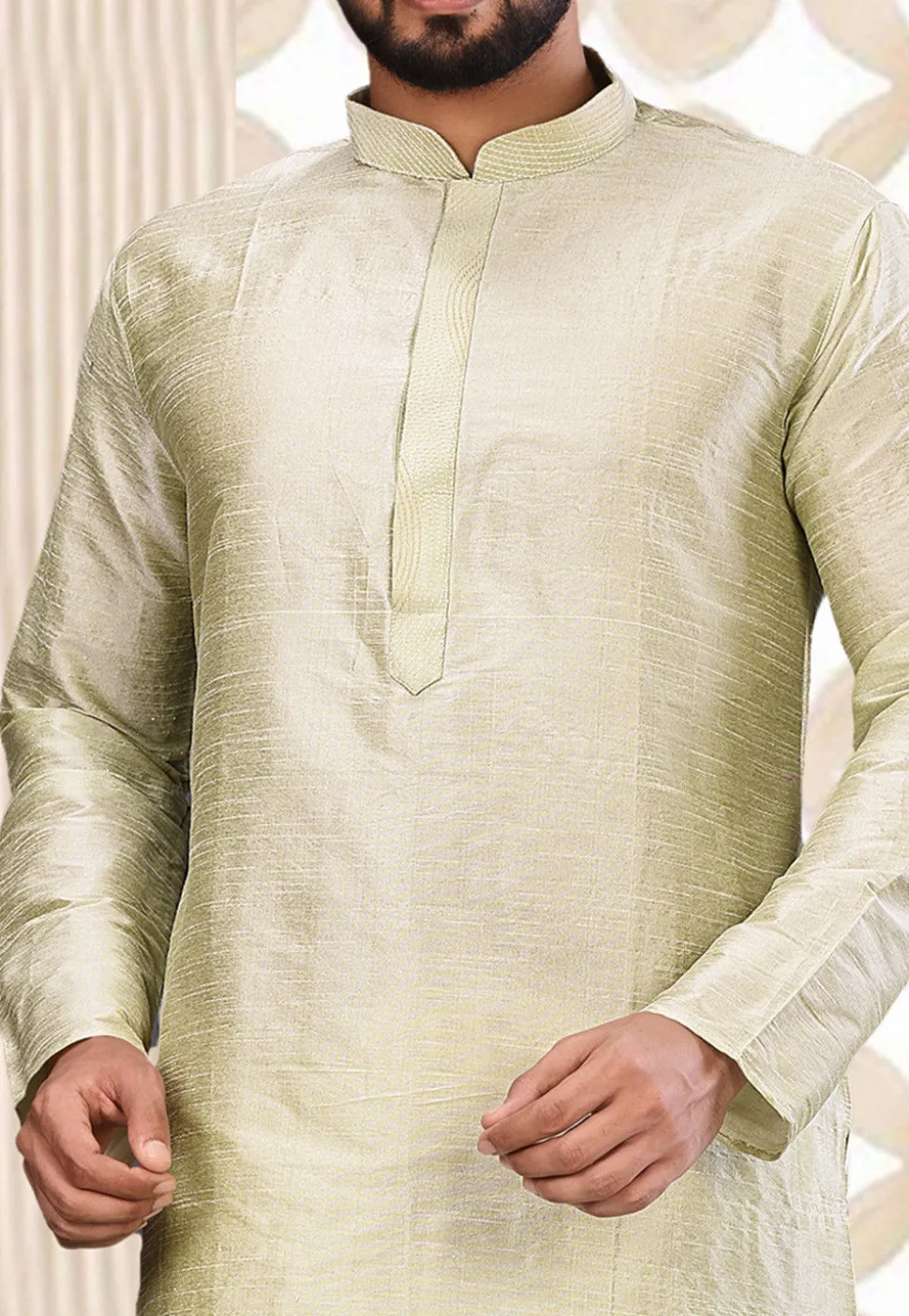 Embroidered Neckline Dupion Silk Kurta Set in Light Green