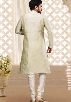 Embroidered Neckline Dupion Silk Kurta Set in Light Green