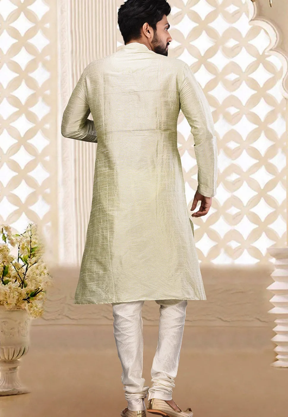 Embroidered Neckline Dupion Silk Kurta Set in Light Green