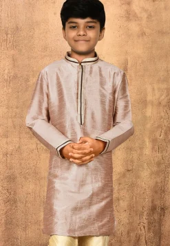 Embroidered Neckline Dupion Silk Kurta in Pastel Brown