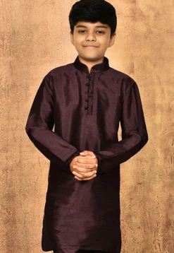 Embroidered Neckline Dupion Silk Kurta in Wine
