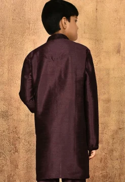 Embroidered Neckline Dupion Silk Kurta in Wine