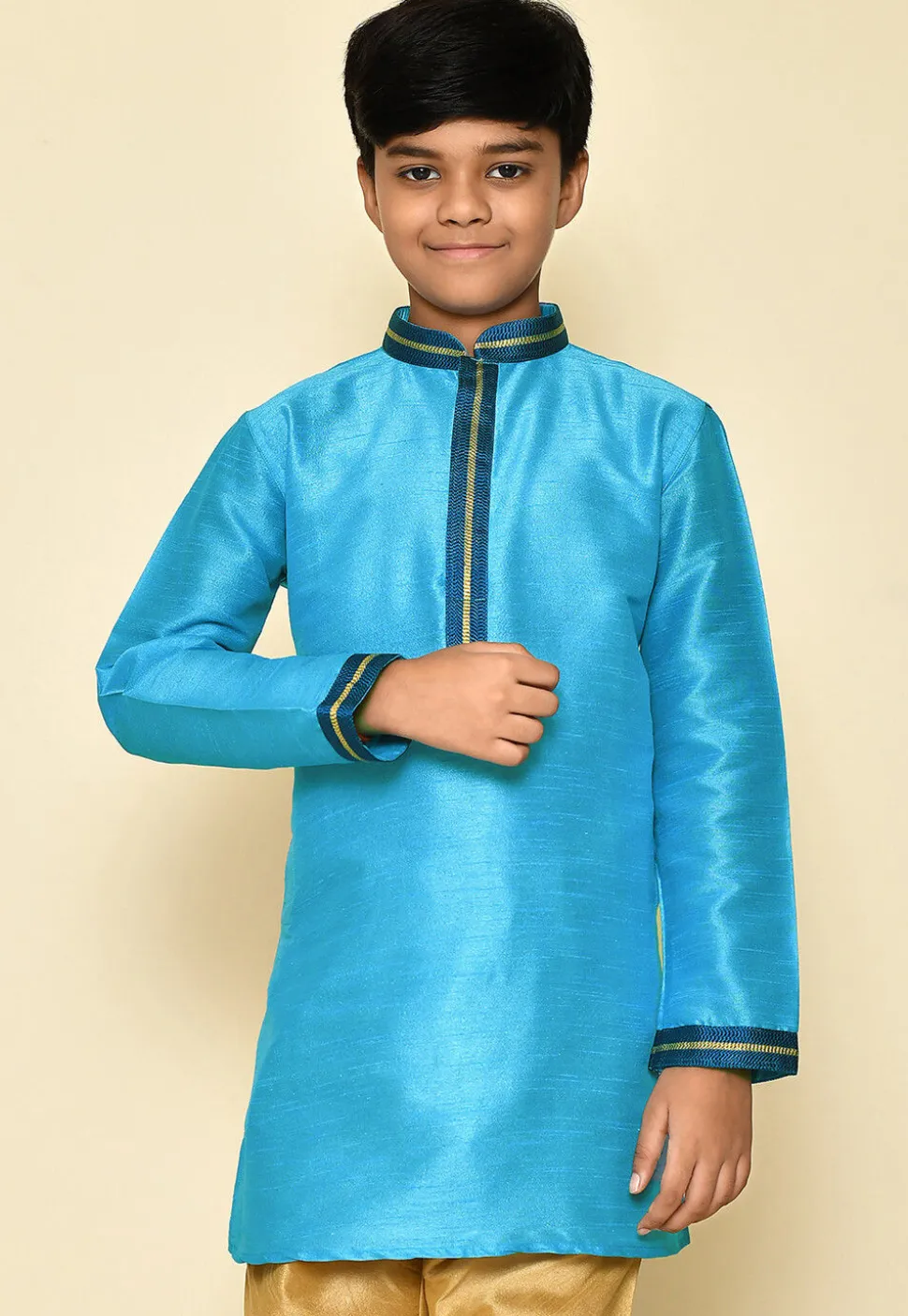 Embroidered Neckline Dupion Silk Kurta in Sky Blue