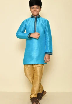 Embroidered Neckline Dupion Silk Kurta in Sky Blue