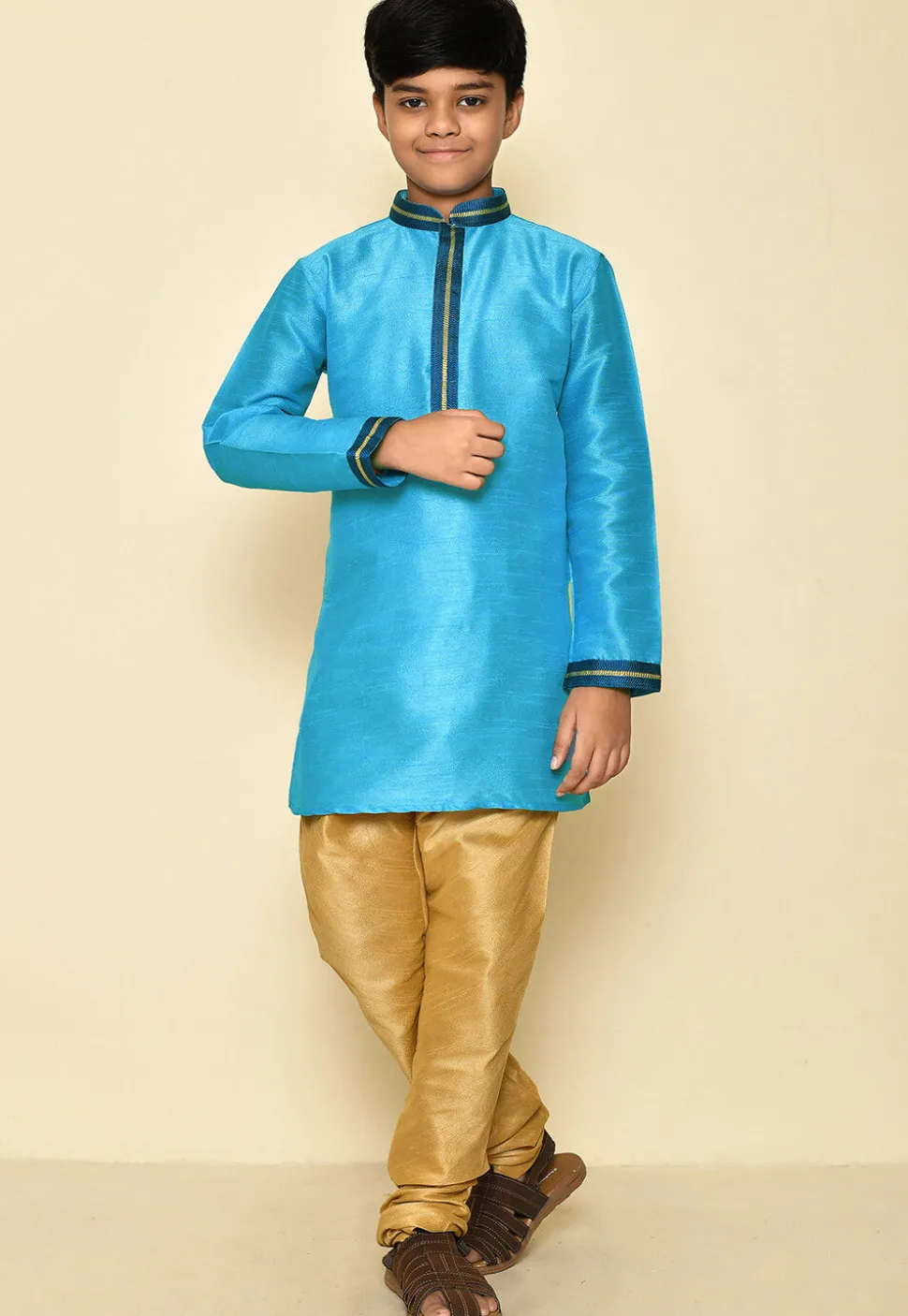 Embroidered Neckline Dupion Silk Kurta in Sky Blue