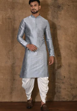 Embroidered Neckline Dupion Silk Kurta Set in Grey