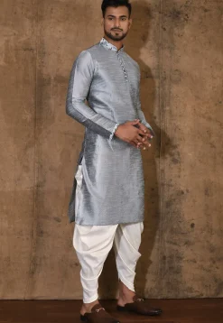 Embroidered Neckline Dupion Silk Kurta Set in Grey
