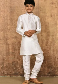 Embroidered Neckline Dupion Silk Kurta Set in Off White