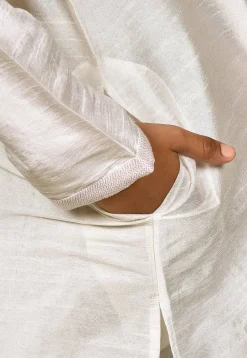 Embroidered Neckline Dupion Silk Kurta Set in Off White