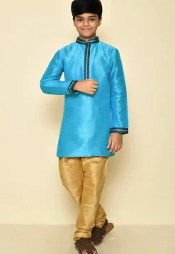 Embroidered Neckline Dupion Silk Kurta Set in Sky Blue