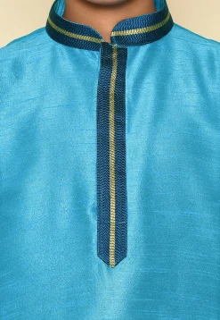 Embroidered Neckline Dupion Silk Kurta Set in Sky Blue