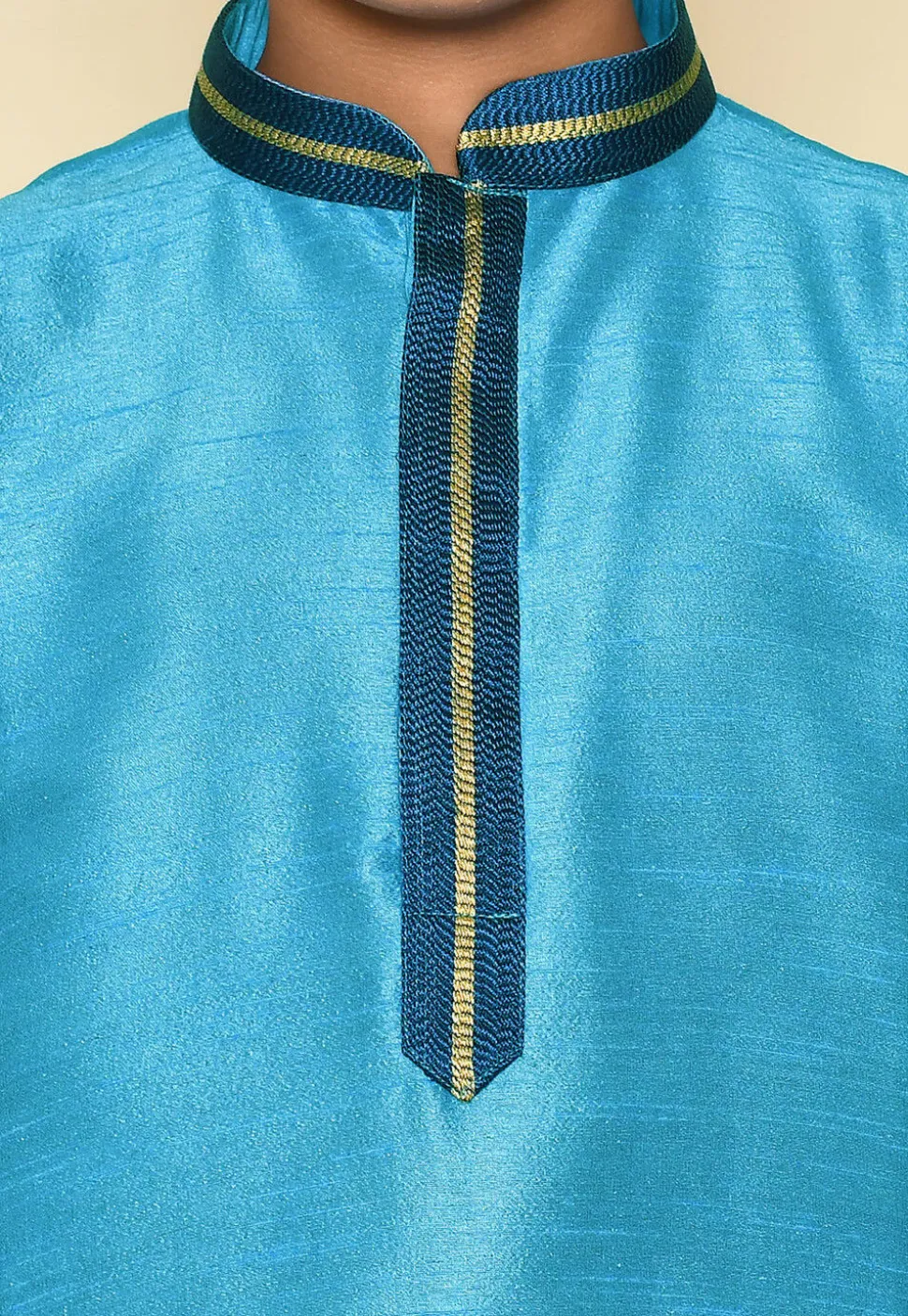 Embroidered Neckline Dupion Silk Kurta Set in Sky Blue