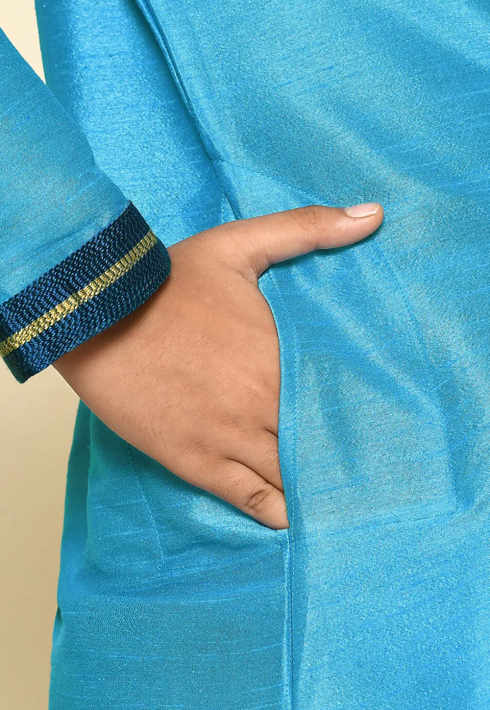 Embroidered Neckline Dupion Silk Kurta Set in Sky Blue
