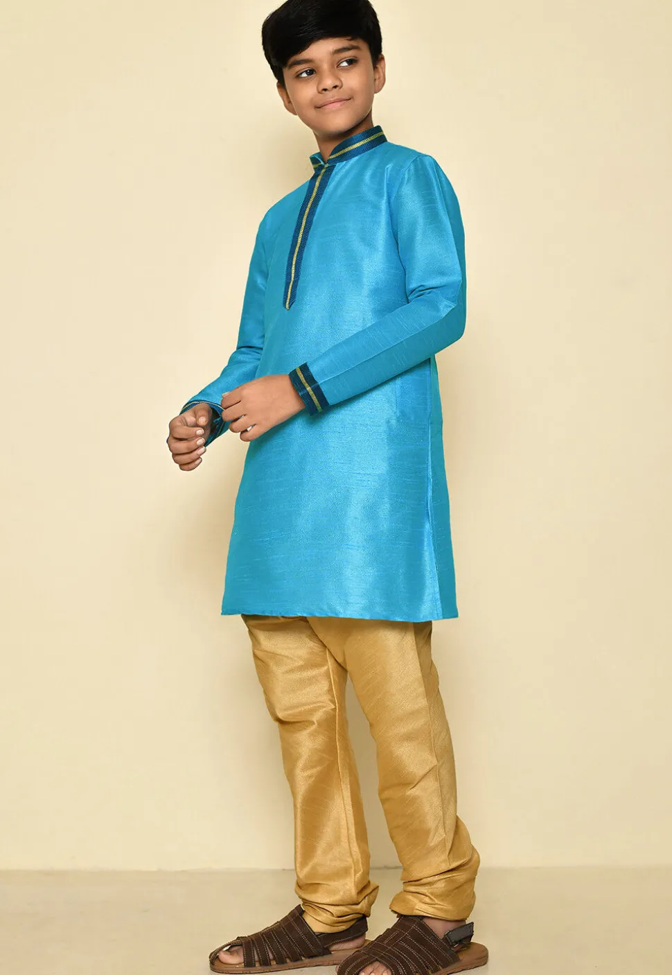 Embroidered Neckline Dupion Silk Kurta Set in Sky Blue