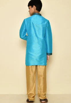 Embroidered Neckline Dupion Silk Kurta Set in Sky Blue