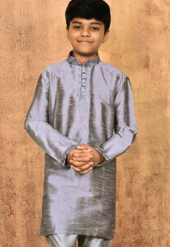 Embroidered Neckline Dupion Silk Kurta in Grey