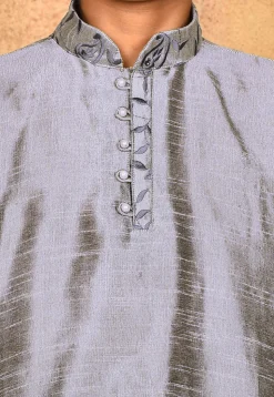 Embroidered Neckline Dupion Silk Kurta in Grey