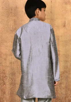 Embroidered Neckline Dupion Silk Kurta in Grey