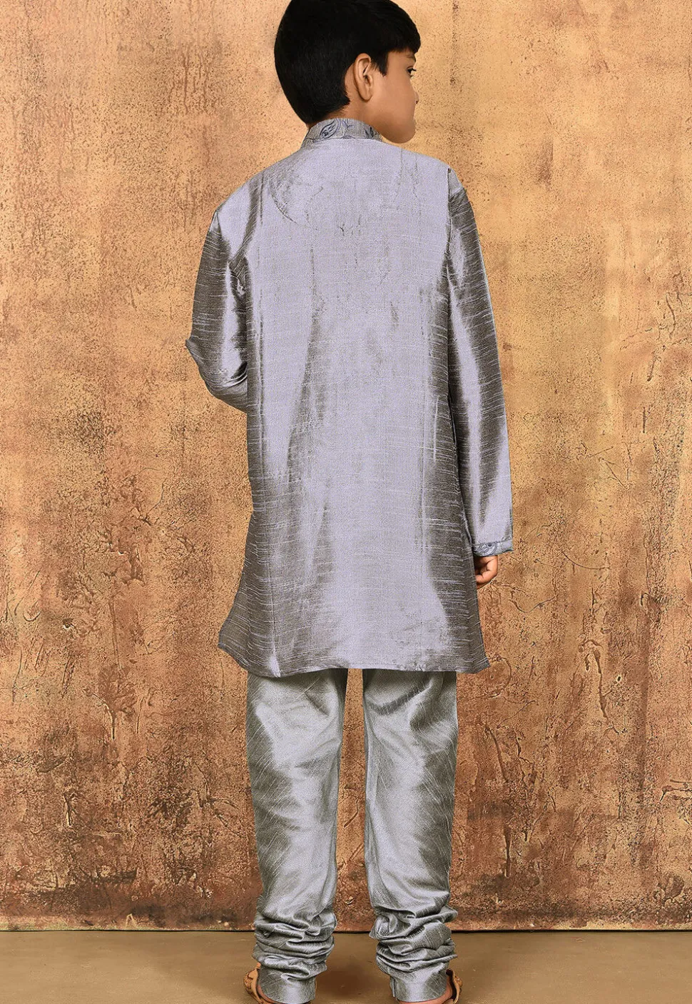 Embroidered Neckline Dupion Silk Kurta Set in Grey