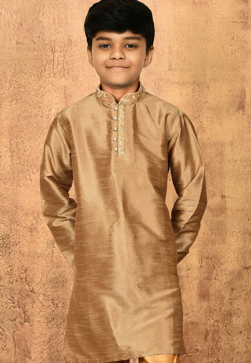 Embroidered Neckline Dupion Silk Kurta in Dark Beige